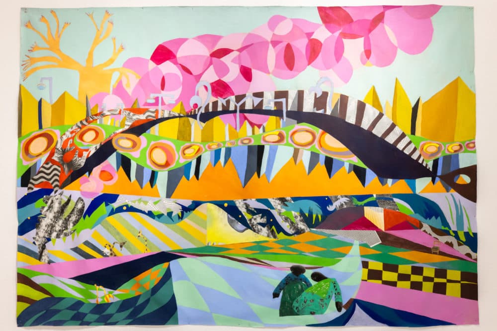 Karmimadeebora McMillan's work on canvas at the BCA. (Courtesy Melissa Blackall Photography/ Boston Center for the Arts)