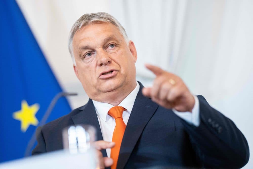 Hungarian Prime Minister Victor Orbán attends a joint press conference with the Austrian Chancellor at the Federal Chancellery during Orban's official visit to Austria in Vienna, Austria, July 28, 2022. (Georg Hochmuth/APA/AFP via Getty Images)