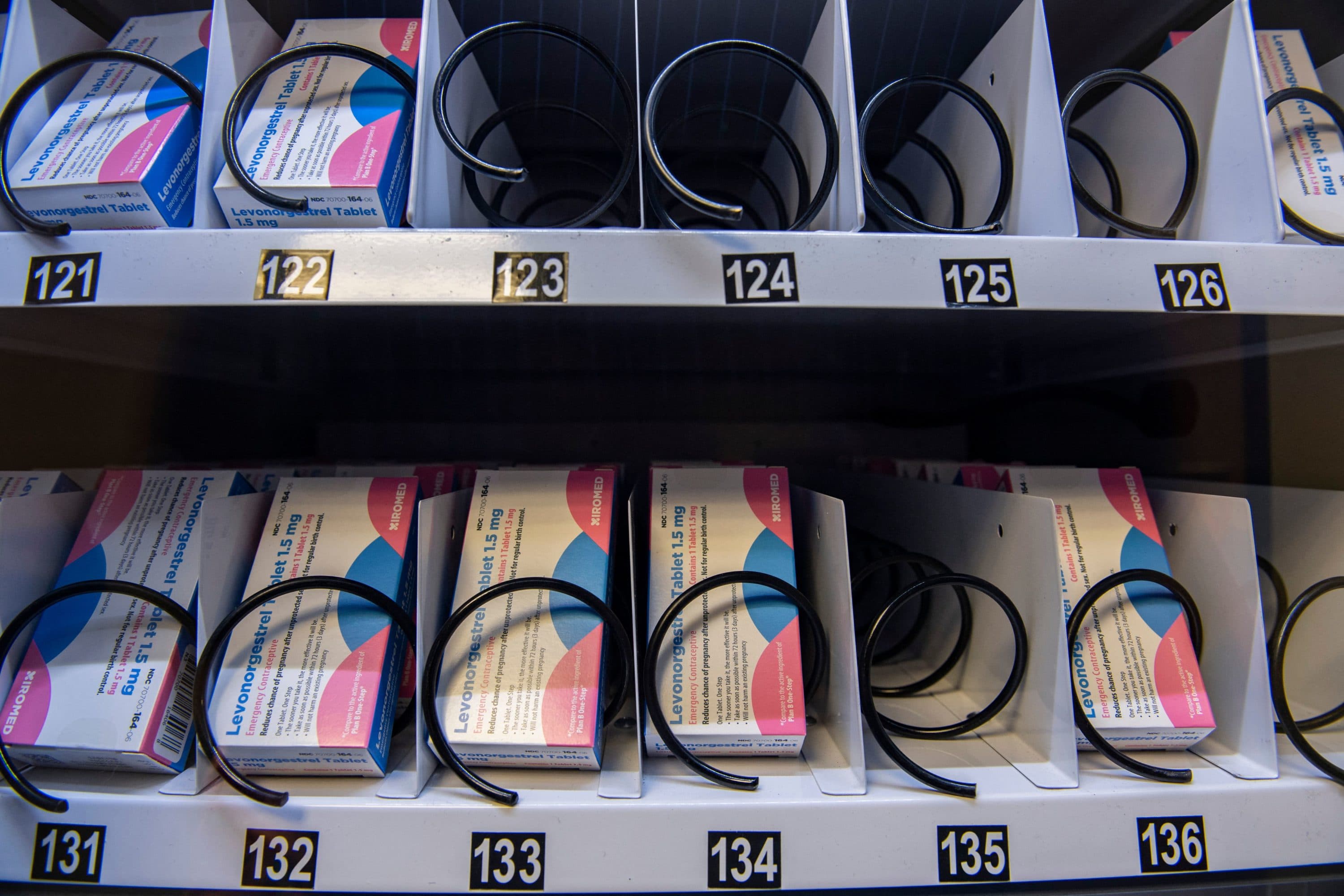 Cartons of the "morning-after" pill fill a Plan-B vending machine that sits in the basement of the student union building on the Boston University Campus in Boston, Massachusetts on July 26, 2022. - Each carton contains a single pill and cost $7.25 US and is available at all times to students. (Joseph Prezioso/AFP via Getty Images)