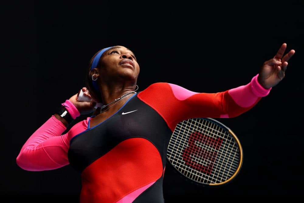 Serena Williams of The United States of America serves in her Women's Singles first round match against Laura Siegemund of Germany during day one of the 2021 Australian Open at Melbourne Park on February 08, 2021 in Melbourne, Australia. (Cameron Spencer/Getty Images)