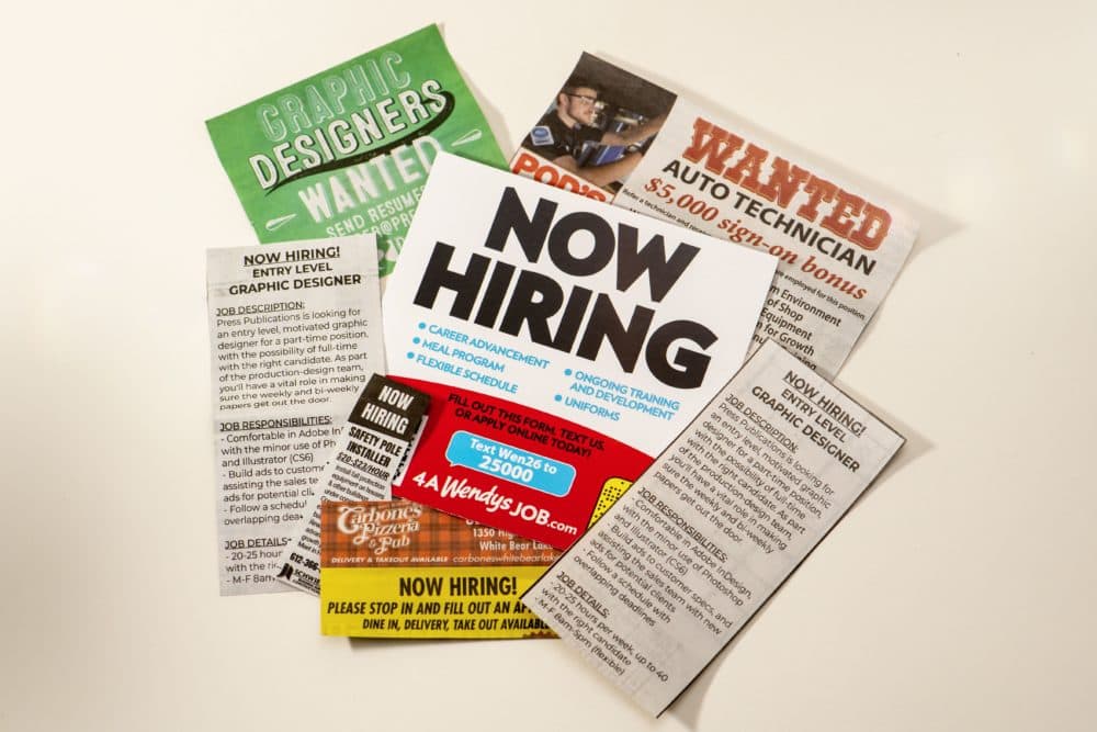 Composite of help wanted and hiring ads in Minnesota. (Photo by: Michael Siluk/Universal Images Group via Getty Images)