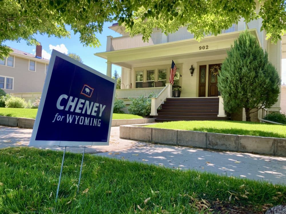 A sign supporting Liz Cheney outside the home where Vice President Dick Cheney once lived in Casper, Wyo. (Peter O'Dowd/ Here &amp; Now)