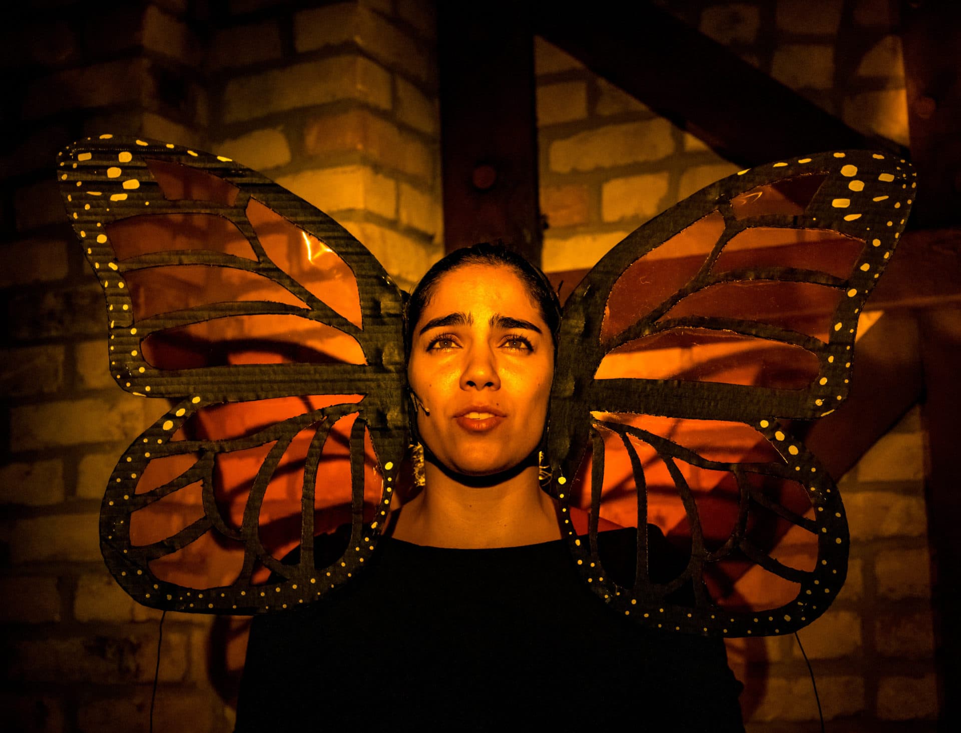 In the puppet show, “Migraciones/Migrations,&quot; a butterfly is interrogated at the U.S.-Mexico border. (Courtesy Paradox Teatro)