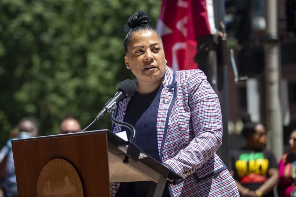 U.S. Attorney Rachael Rollins speaks at Boston City Hall in 2021, while she was Suffolk Country District Attorney. (Jesse Costa/WBUR)