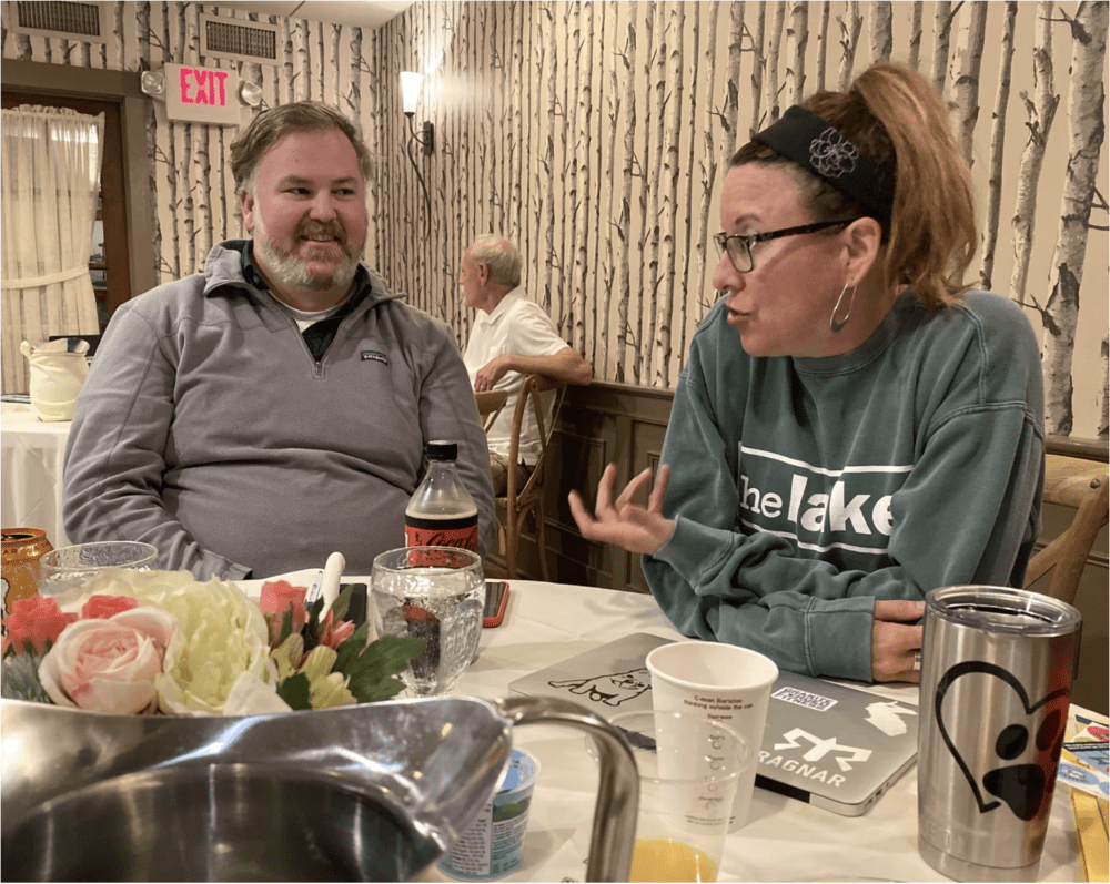 Patrick Toy (left) and Michelle Nolan (right), at a Remedial Herstory Project retreat in Plymouth. Both are teachers in Campton, N.H. (Sarah Gibson/NHPR)