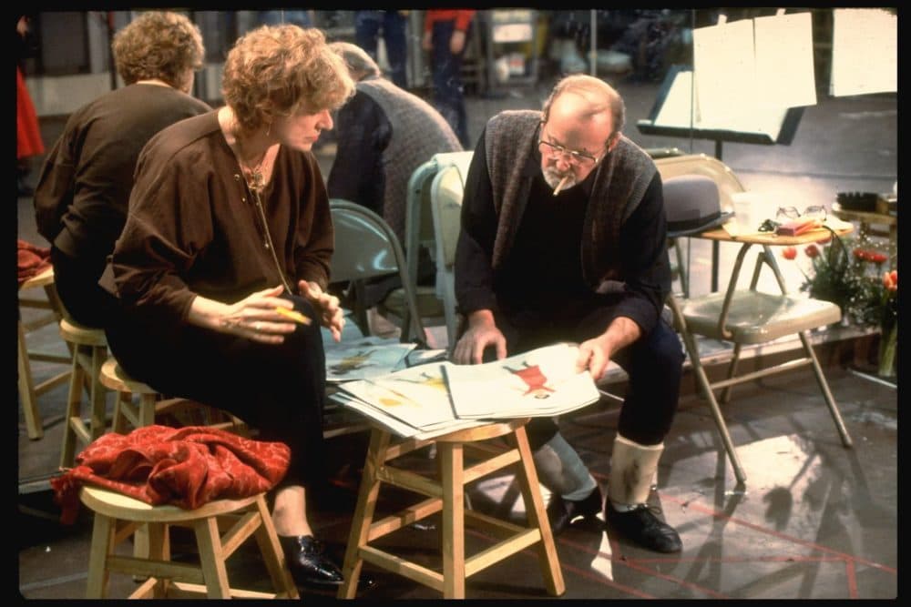 Costume designer Patricia Zipprodt with director and choreographer Bob Fosse at rehearsal discussing costume sketches for the Broadway musical &quot;Big Deal&quot; in 1986. (Martha Swope/Billy Rose Theatre Division)