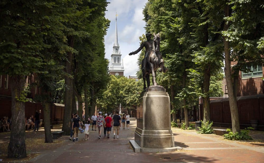The Old North Church bell tower in Boston's North End, seen from the Paul Revere Mall.