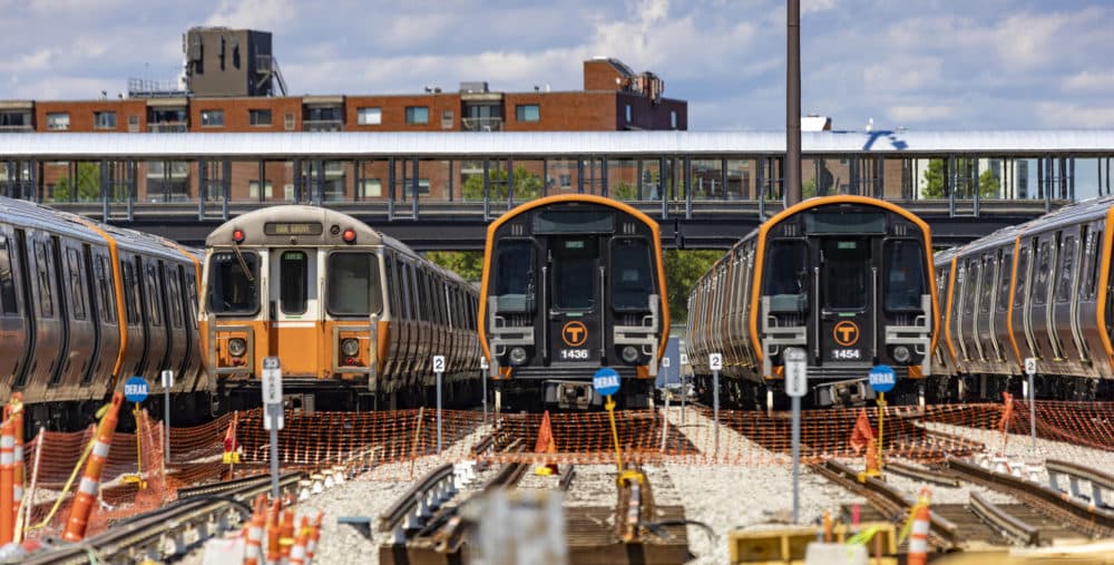 MBTA Orange Line cars at the Wellington train yard in Medford after announcing the shutdown of the MBTA Orange Line for a month to complete critical repairs. (Jesse Costa/WBUR)