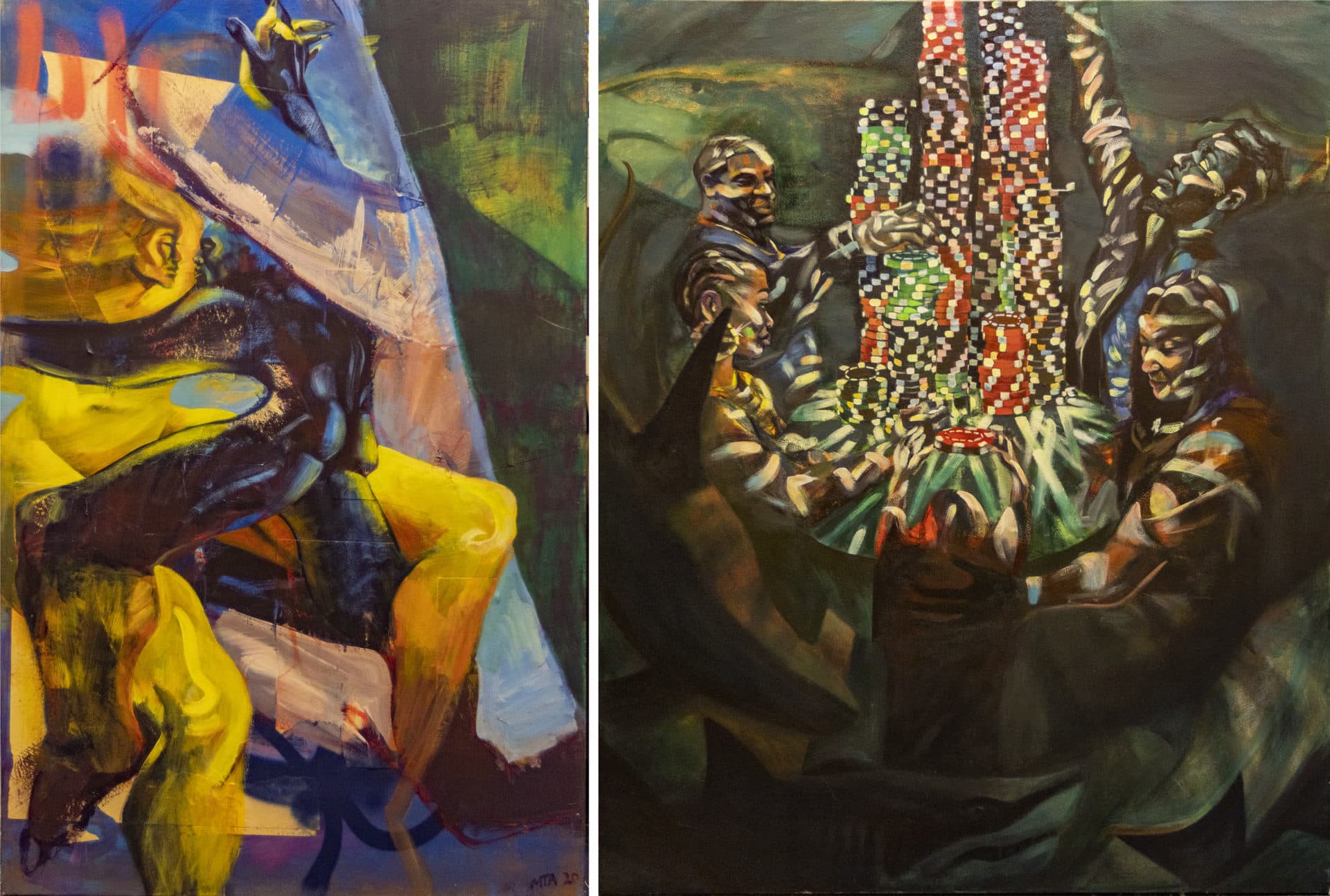 Left to right, two of Michael Aghahowa's paintings, 