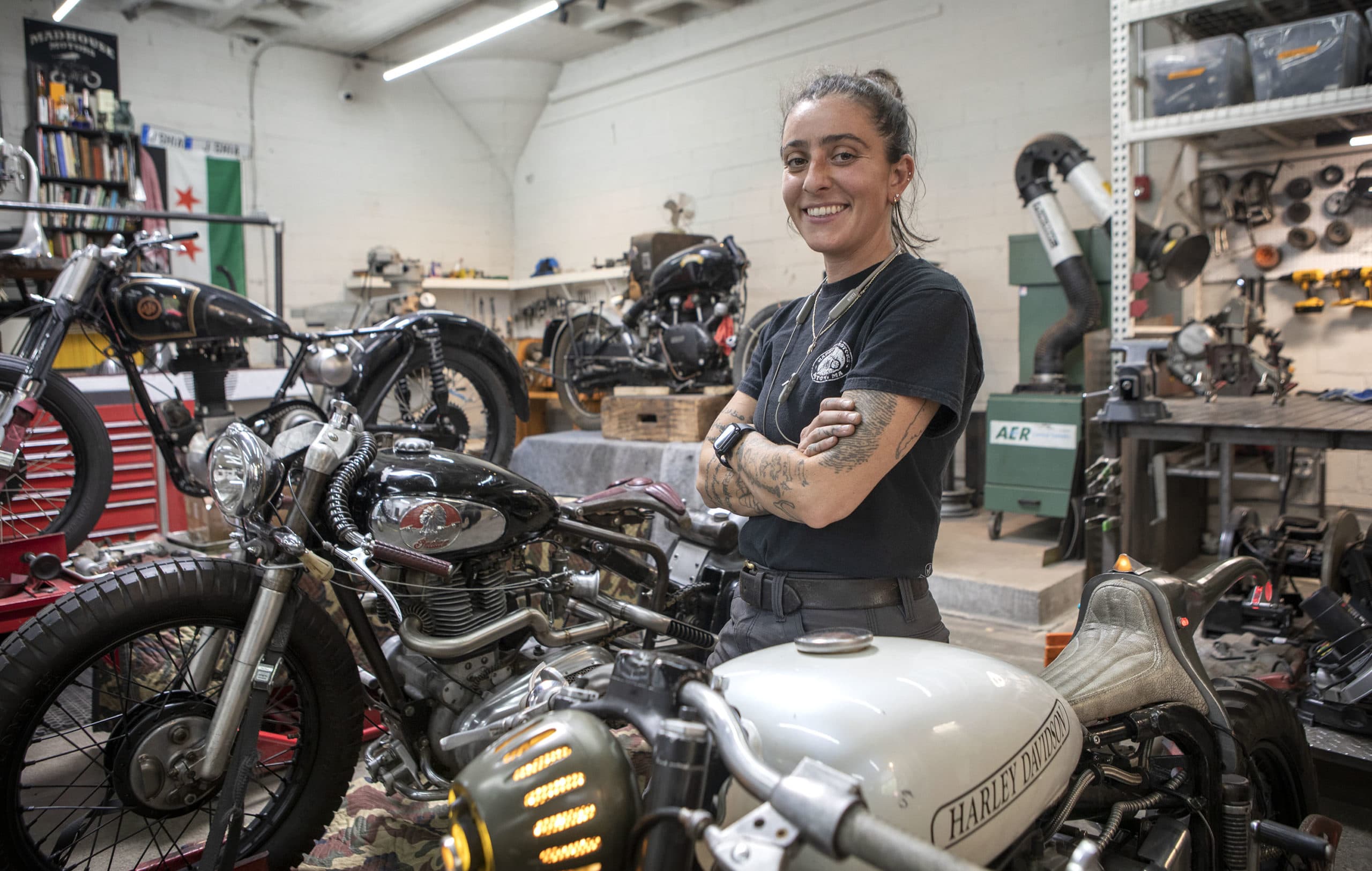 Motorcycle designer J. Shia in her art bike studio in Boston. (Robin Lubbock/WBUR)