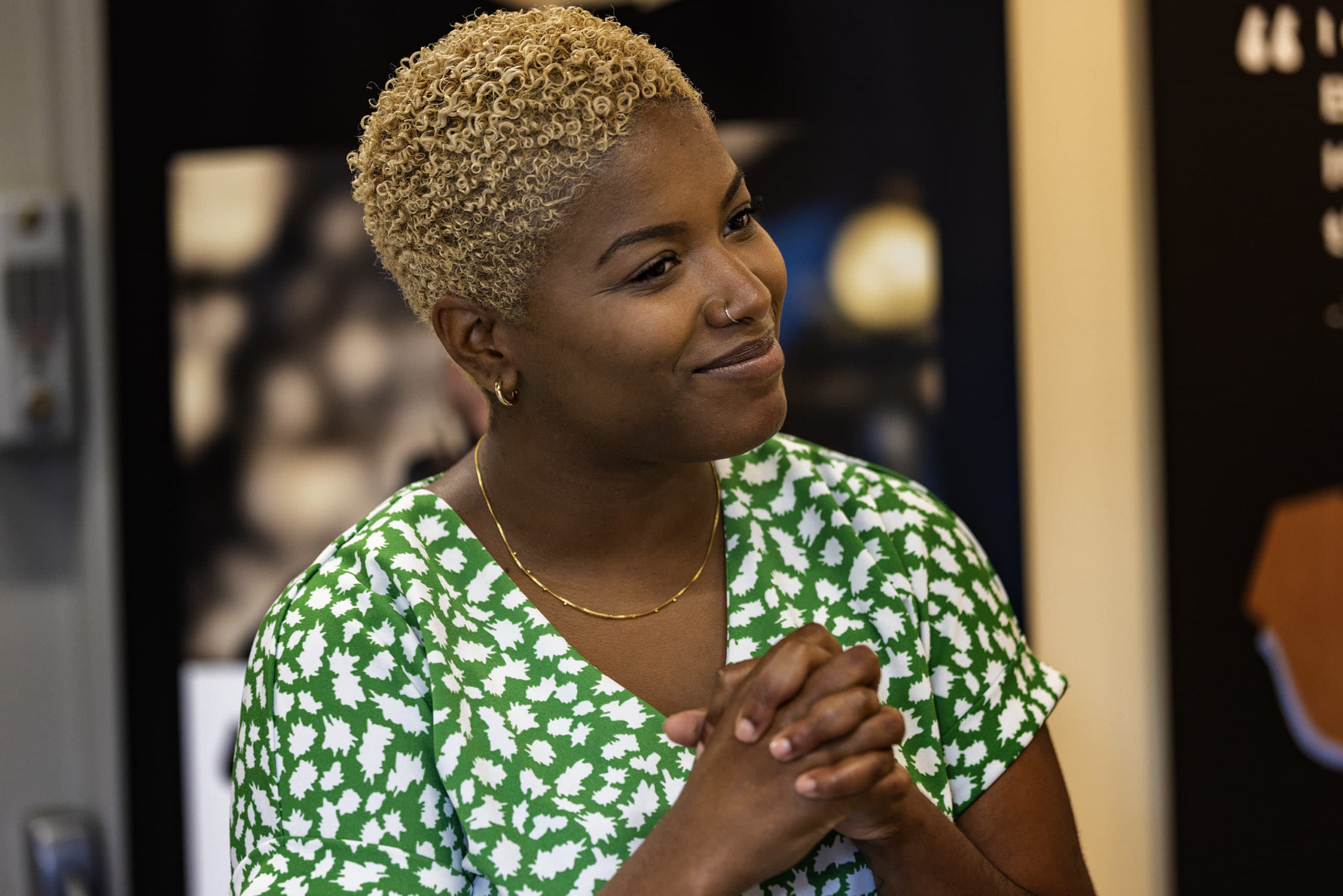 Arts administrator Christa Brown at the Lowell National Historical Park Visitor Center. (Jesse Costa/WBUR)