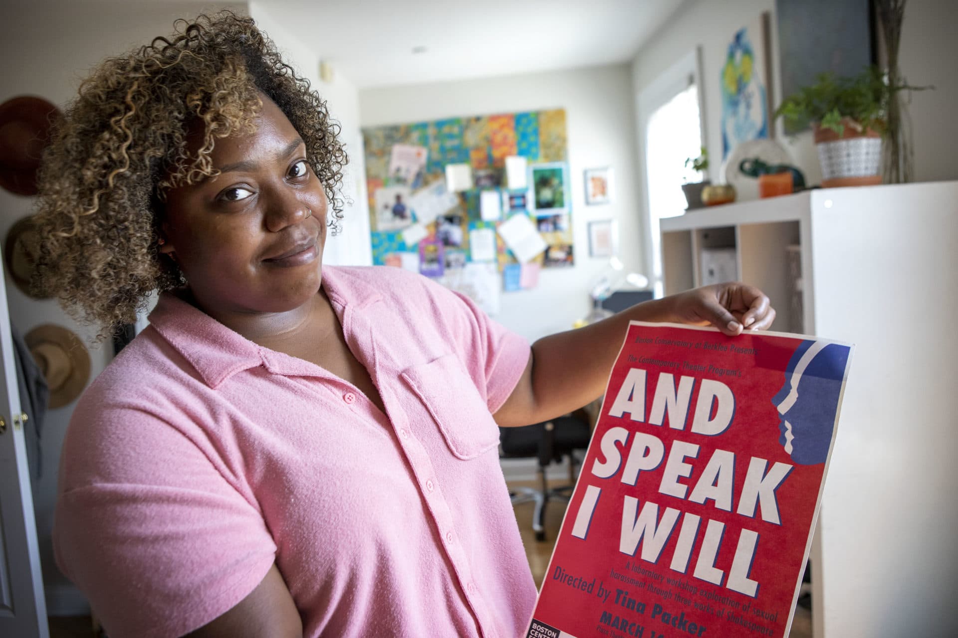 Actor and writer Shanelle Villegas at her home in Boston. (Robin Lubbock/WBUR)