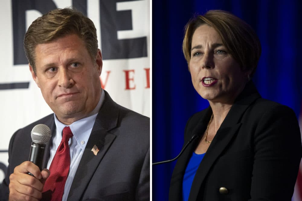 Candidates for governor Geoff Diehl and Maura Healey. (Robin Lubbock and Jesse Costa/WBUR)