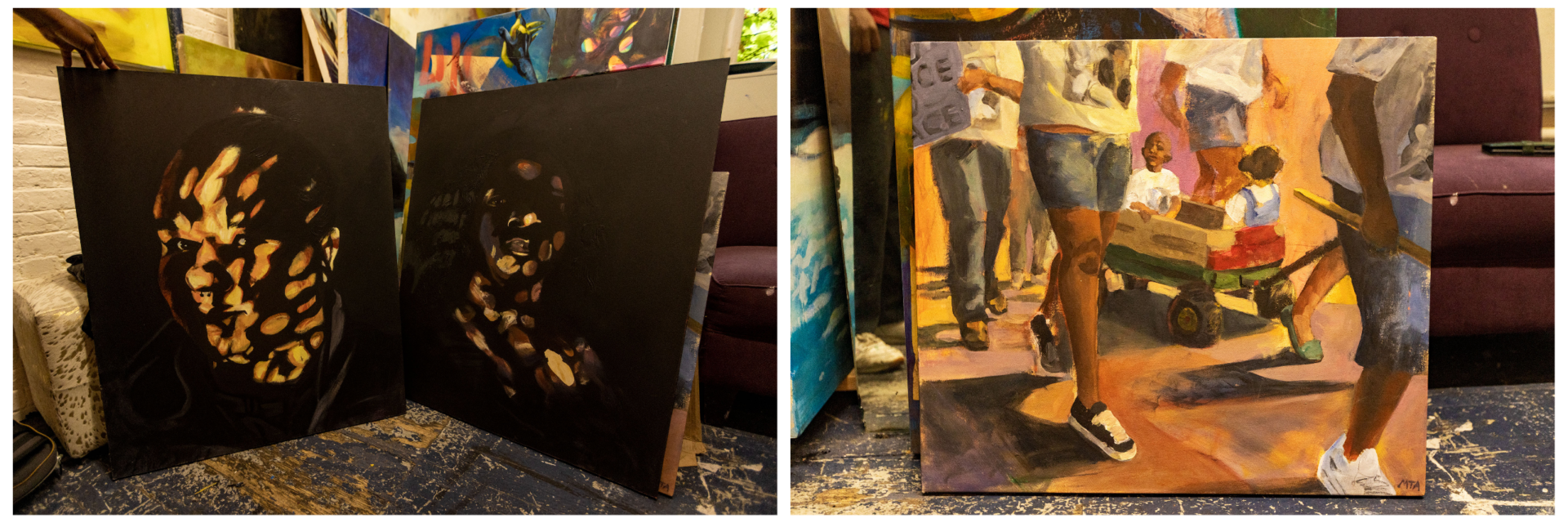 Three of Michael Aghahowa's paintings. (Jesse Costa/WBUR)