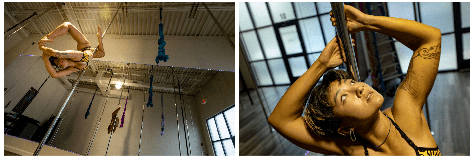 Olivia Moon performs moves on the pole at Boston Pole Fitness. (Jesse Costa/WBUR)