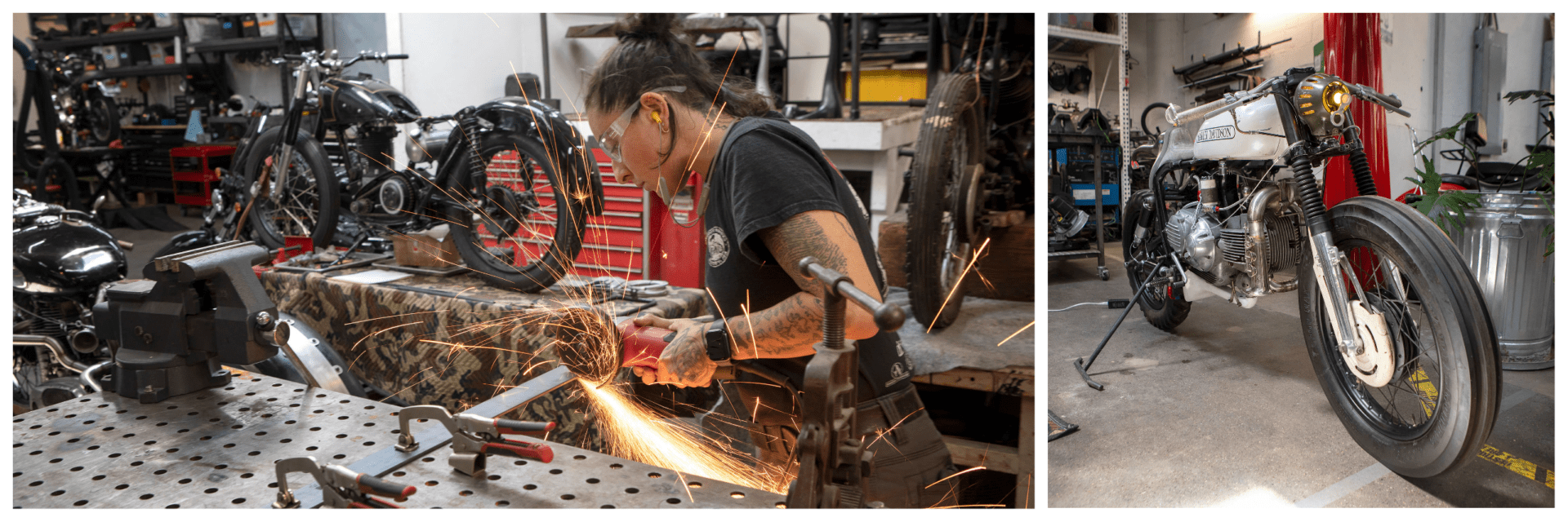 Motorcycle designer J. Shia (left) cuts a metal bar in her art bike studio in Boston. (Robin Lubbock/WBUR)