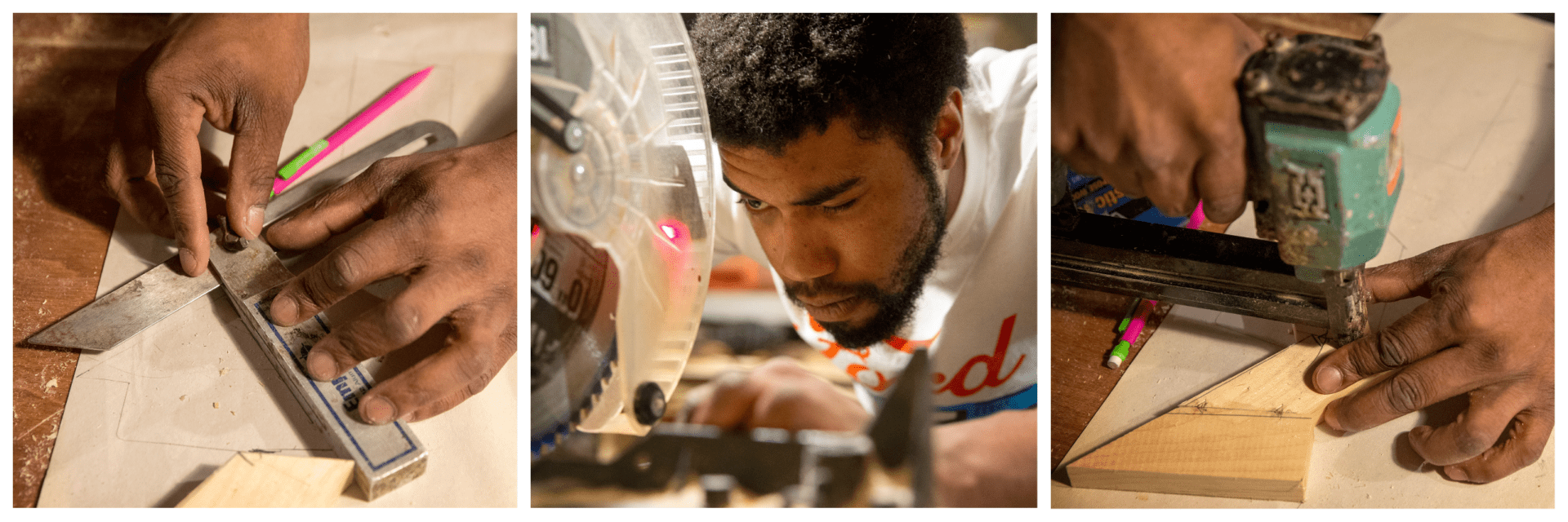 Artist Nygel Jones pins, lines up, cuts and assembles frame material in his workshop. (Robin Lubbock/WBUR)