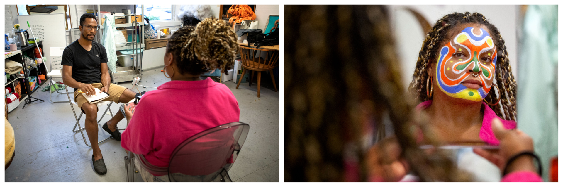 Left: Daniel Callahan asks questions and studies the face of WBUR's Arielle Gray before starting to paint a 