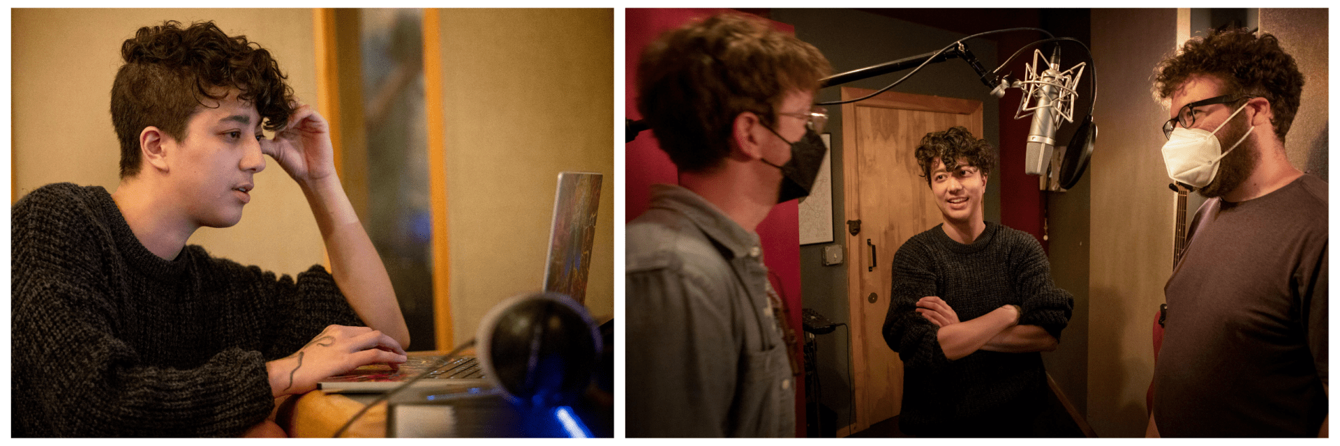 Left: Harley Takagi Kaner at work in a studio control room at The Bridge Sound and Stage, Cambridge. Right: Takagi Kaner answers podcast listener questions with actor Joshua Ilon and writer Kevin Vibert. (Robin Lubbock/WBUR)