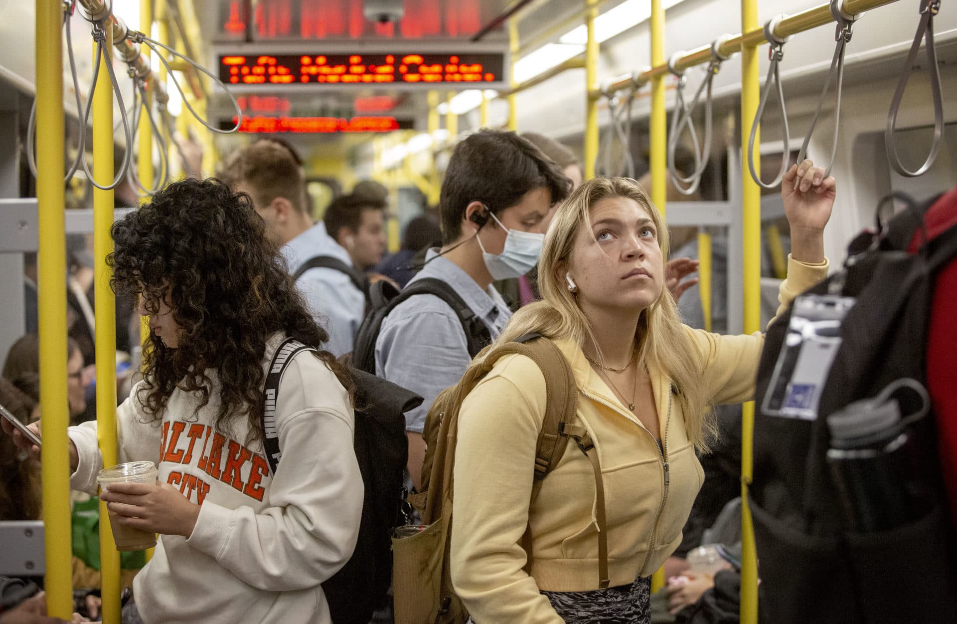 Passengers fill an Orange Line train heading from Forest Hills to downtown Boston. (Robin Lubbock/WBUR)