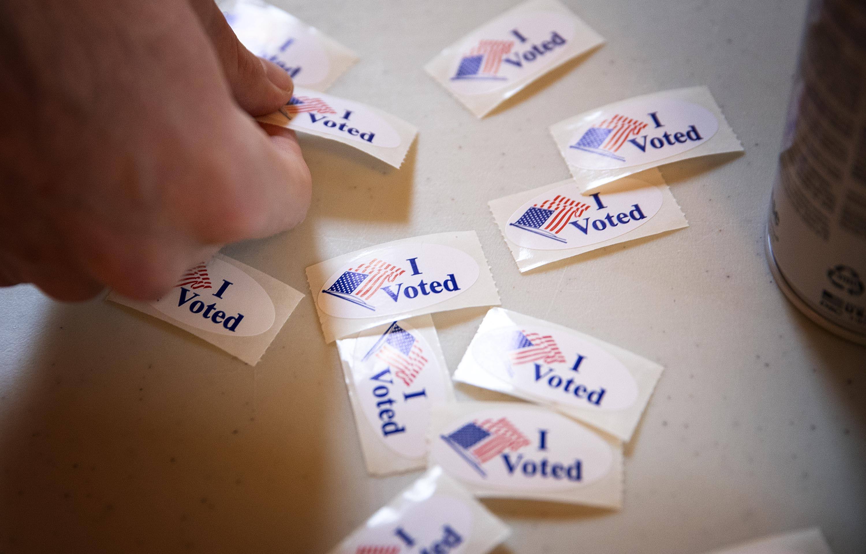 "I voted" stickers by the ballot box at the Boston Public Library. (Robin Lubbock/WBUR)