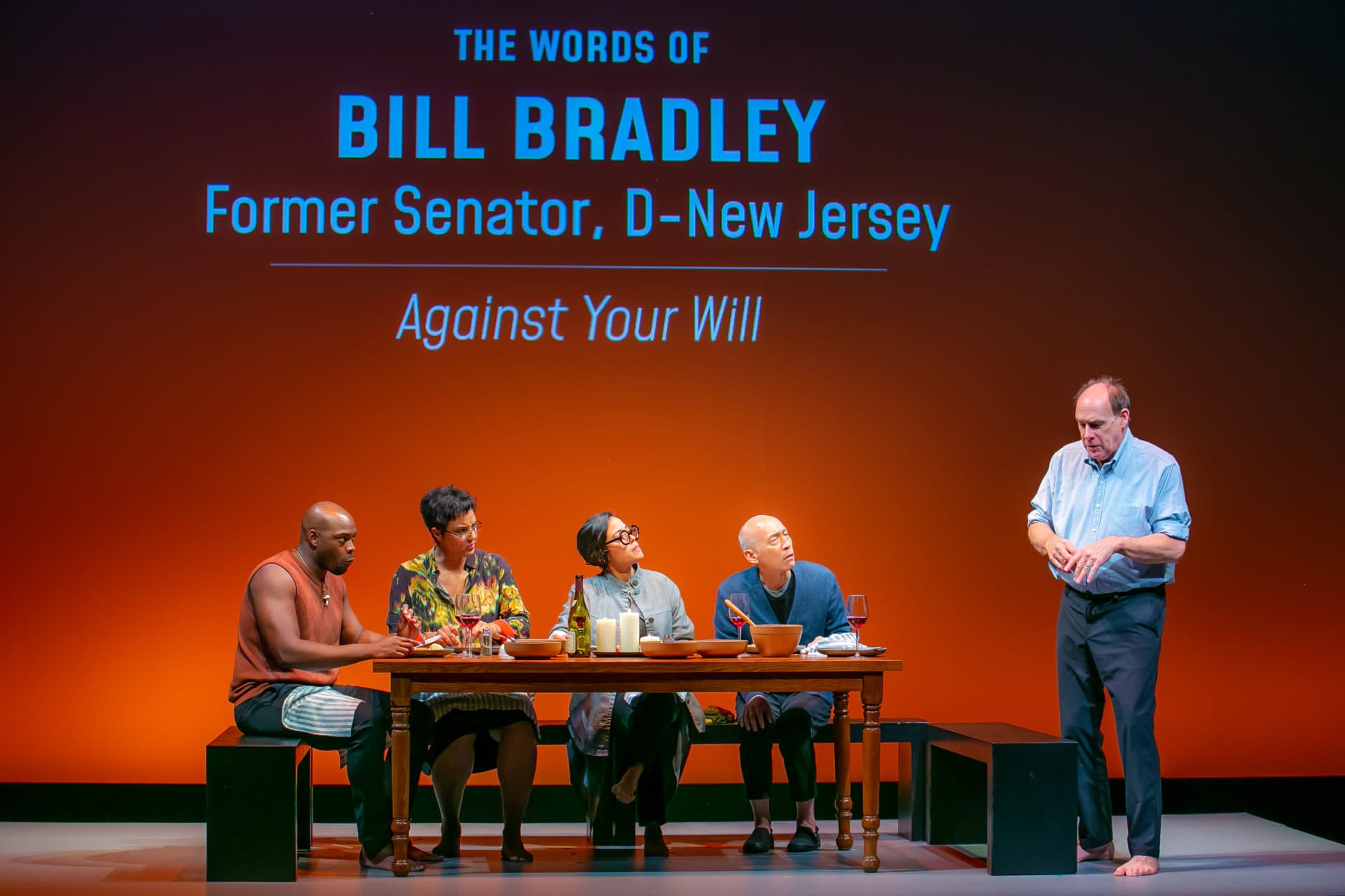 Wesley T. Jones as Paul Parker, Tiffany Rachelle Stewart as Elaine Brown, Elena Hurst as Alice Waters, Francis Jue as Rev. Tom Choi, and Carl Palmer as Bill Bradley in &quot;Twilight: Los Angeles, 1992,&quot; at American Repertory Theater. (Courtesy Lauren Miller)