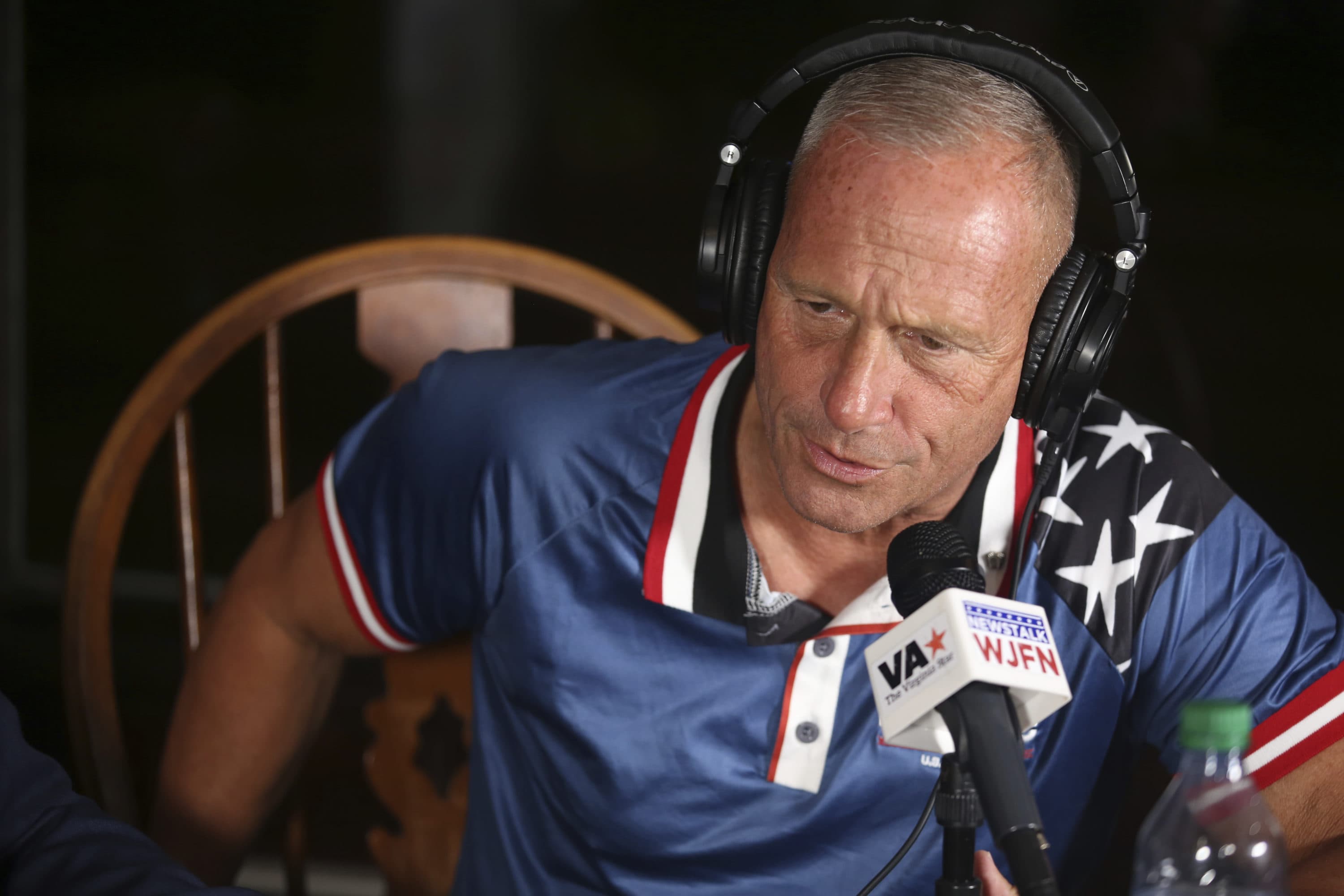 New Hampshire Republican U.S. Senate candidate Don Bolduc speaks on the radio program, "John Fredericks Show," during a primary night campaign gathering on Sept. 13, 2022, in Hampton, New Hampshire. (Reba Saldanha/AP)