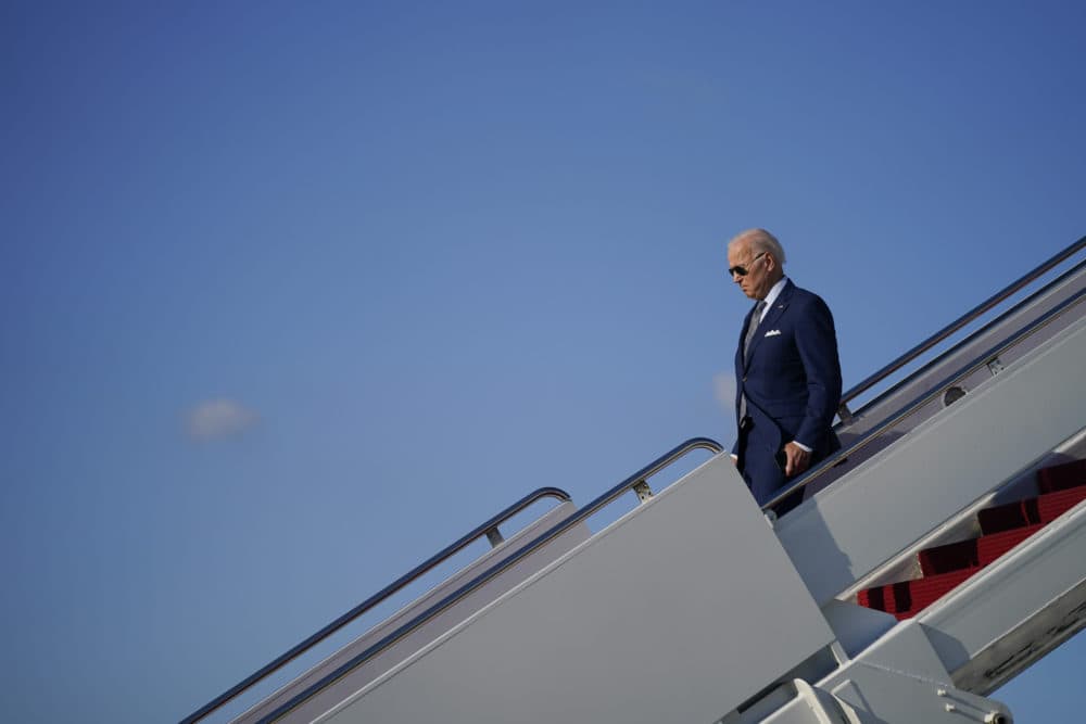 President Joe Biden exits Air Force One on Wednesday, Sept. 14, 2022, at Andrews Air Force Base, Md. (AP Photo/Evan Vucci)