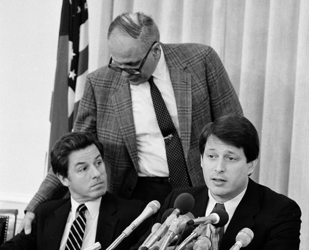 Rep. Albert Gore, Jr., of (D-Tenn.) right, joined by Rep. James Florio (D-N.J.), left, and the Chairman of the House subcommittee of Permanent Investigations John Dingell (D-Mich.) hold a Capitol Hill news conference. (John Duricka/AP)