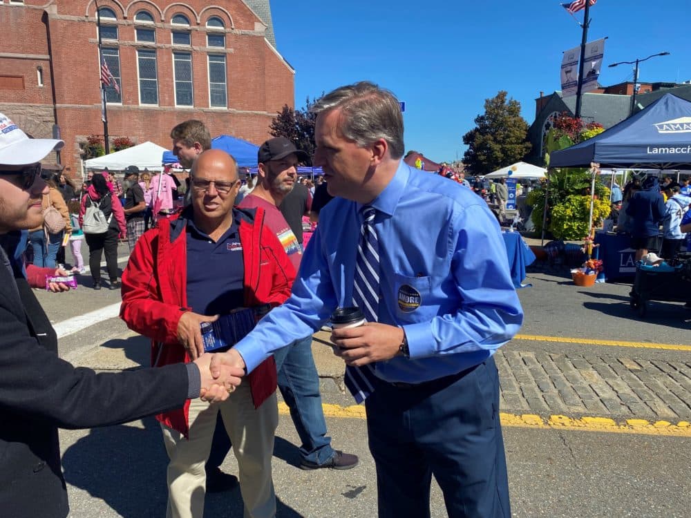 Anthony Amore greets voters in Leominster. (Anthony Brooks/ WBUR)