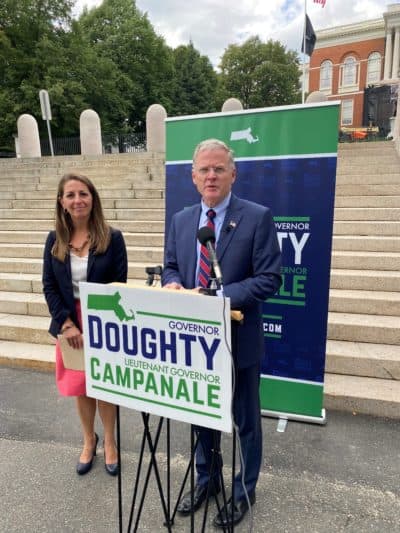 A Republican ticket: Chris Doughty, candidate for Governor and Kate Campanale, candidate for Lt. Governor. (Anthony Brooks/WBUR)