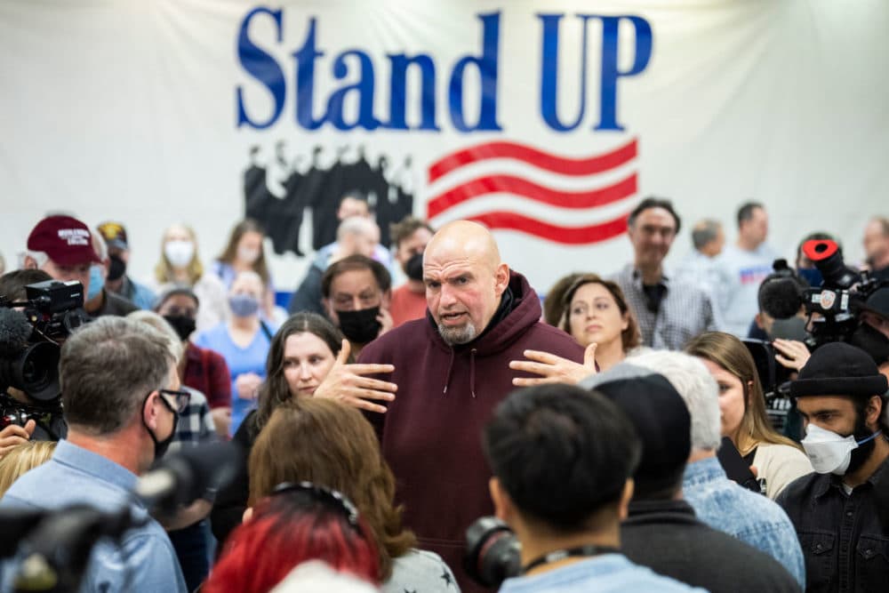 Democratic candidate for U.S. Senate Lt. Gov. John Fetterman, D-Pa., speaks with guests during a rally at the UFCW Local 1776 KS headquarters in Plymouth Meeting, Pa., on Saturday, April 16, 2022. (Tom Williams/CQ-Roll Call, Inc via Getty Images)