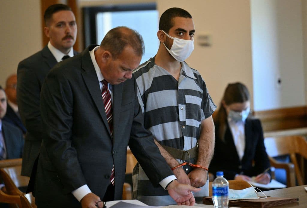 Hadi Matar, the man accused in the attempted murder of British author Salman Rushdie, appears in court for a procedural hearing at Chautauqua County Courthouse in Mayville, New York on August 18, 2022. (Angela Weiss/AFP via Getty Images)