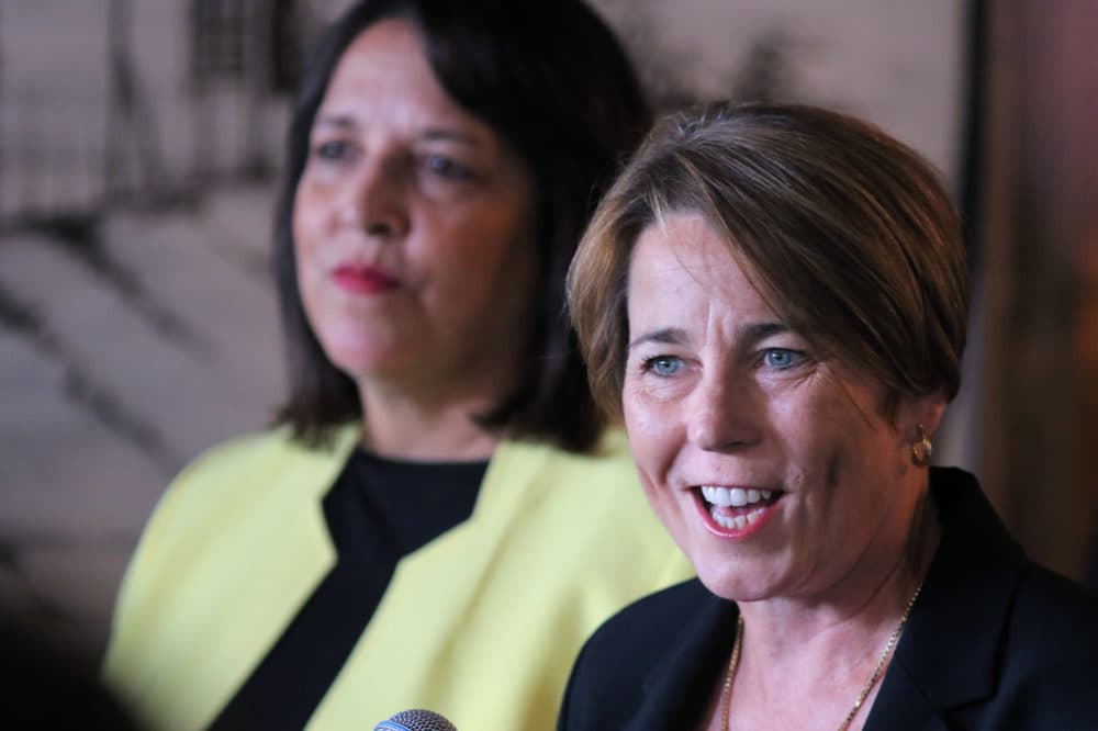Attorney General Maura Healey made her first campaign appearance for governor with her new running mate Kim Driscoll at the Worcester Public Market on September 7, 2022. (Lane Turner/The Boston Globe via Getty Images)