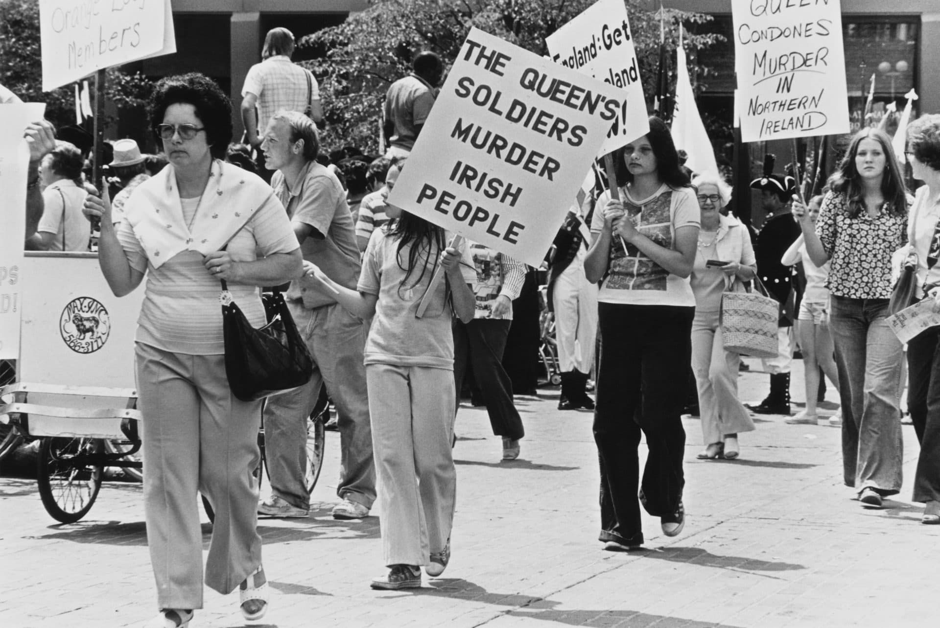 A demonstration in Boston during the United States Bicentennial, commemorating American independence. Queen Elizabeth II is in the U.S. to take part in the celebrations, and these protestors are condemning the role of Britain in Northern Ireland. (Barbara Alper/Getty Images)