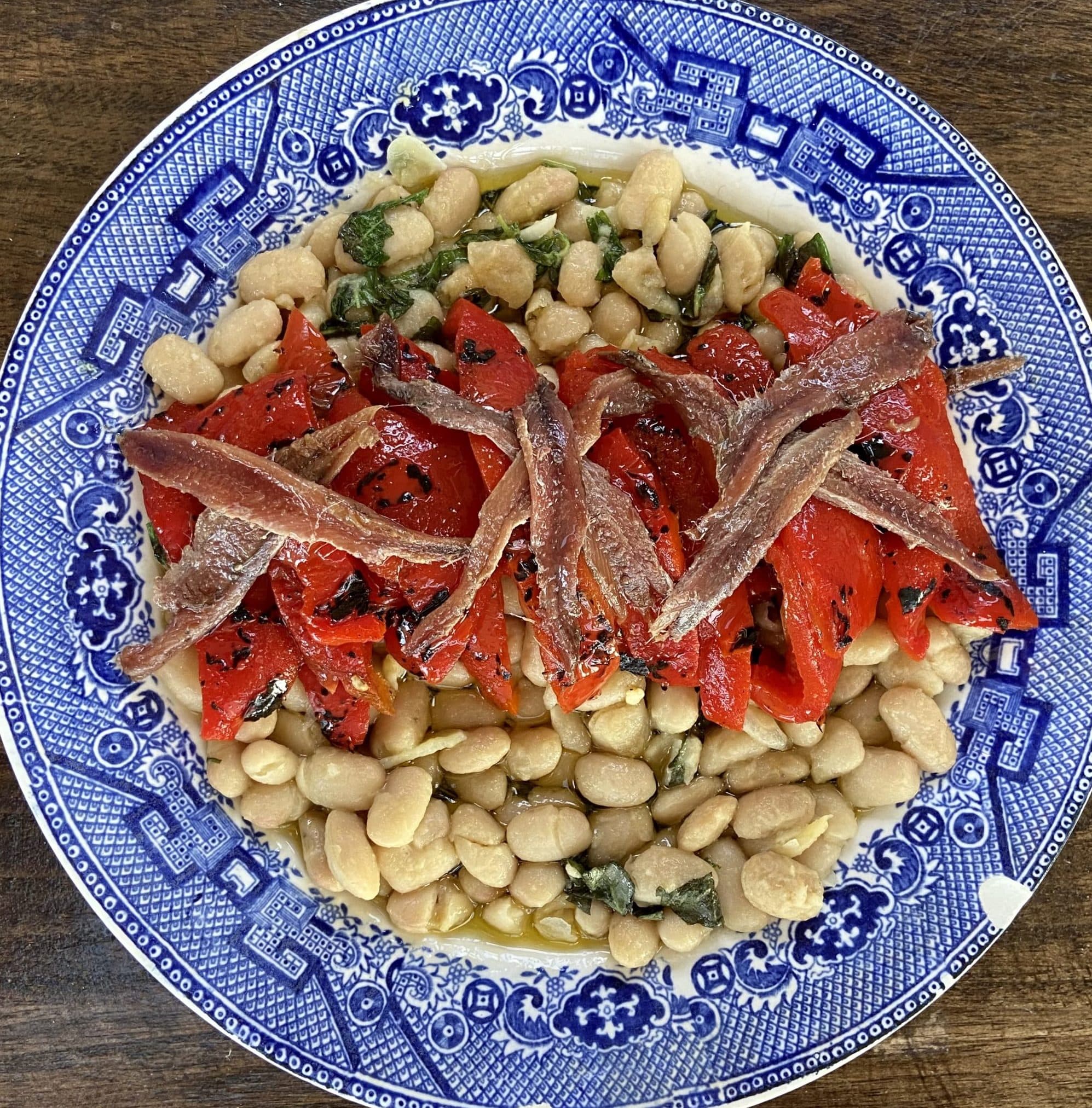 White beans with roasted peppers and anchovies. (Kathy Gunst/Here &amp; Now) 