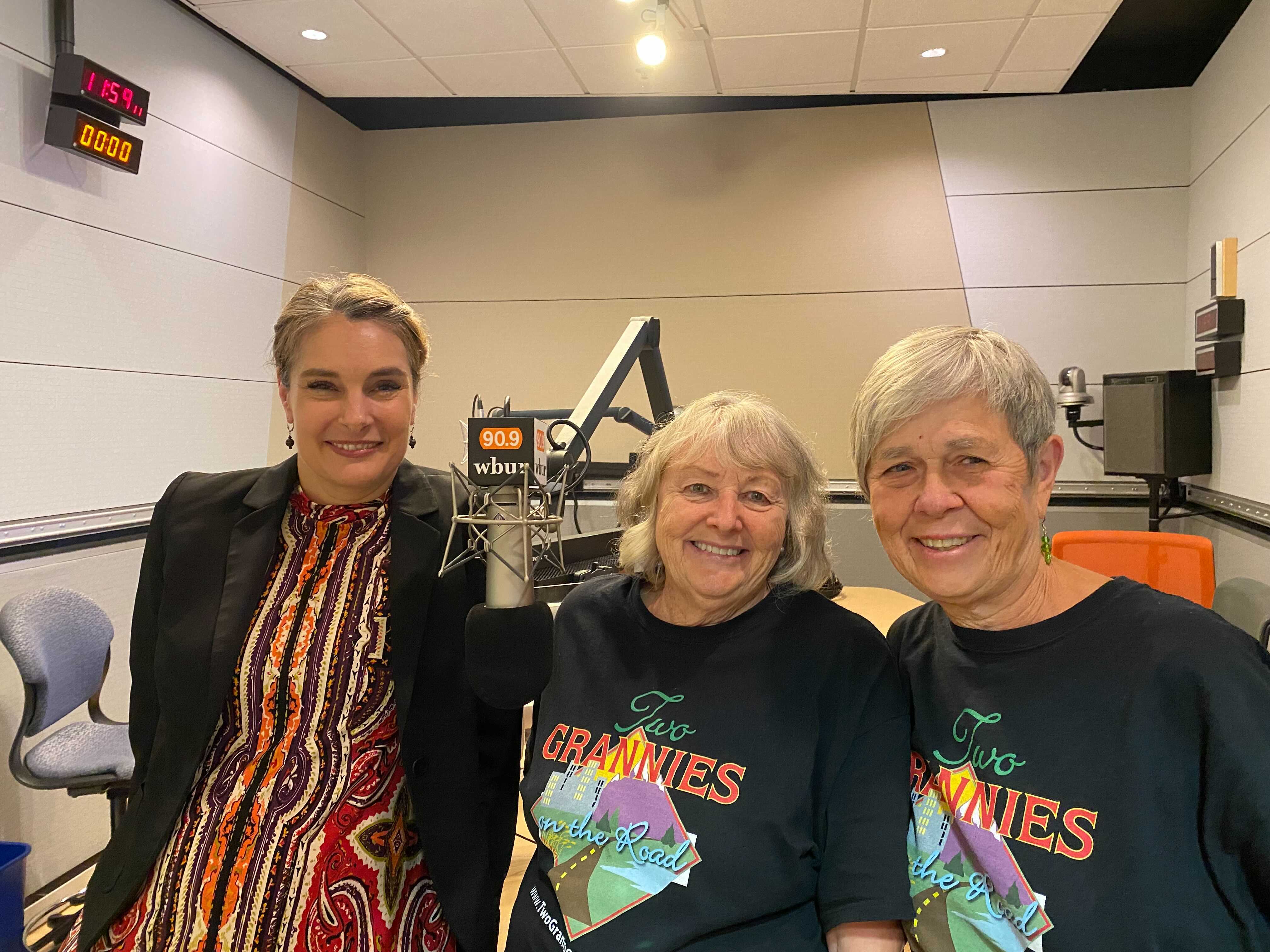 Radio Boston host Tiziana Dearing with Beth Sobiloff and Marcia Rothwell from "Two Grannies on the Road." (Amanda Beland/WBUR)