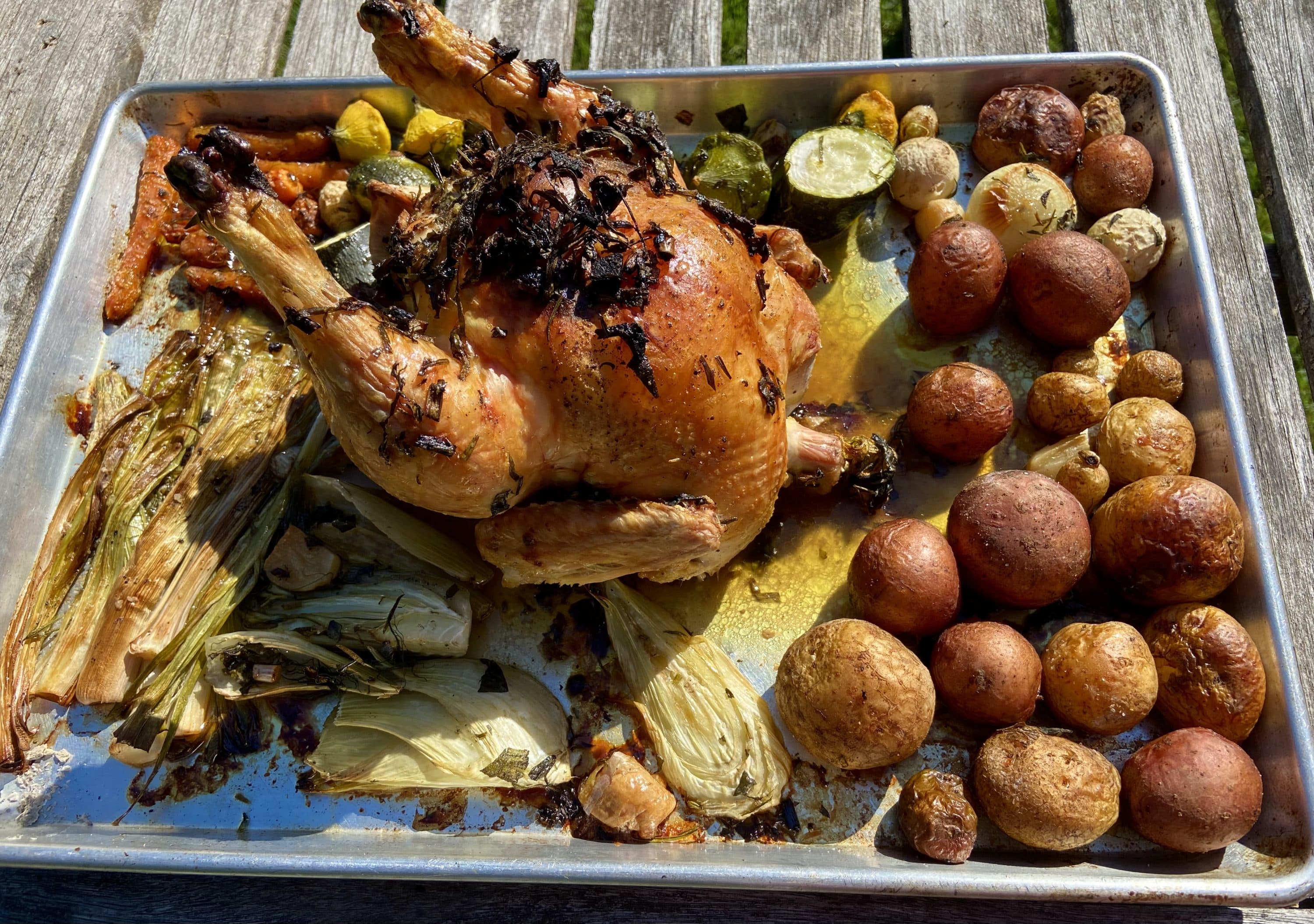 Roast chicken with lemon and the last summer herbs. (Kathy Gunst/Here &amp; Now)