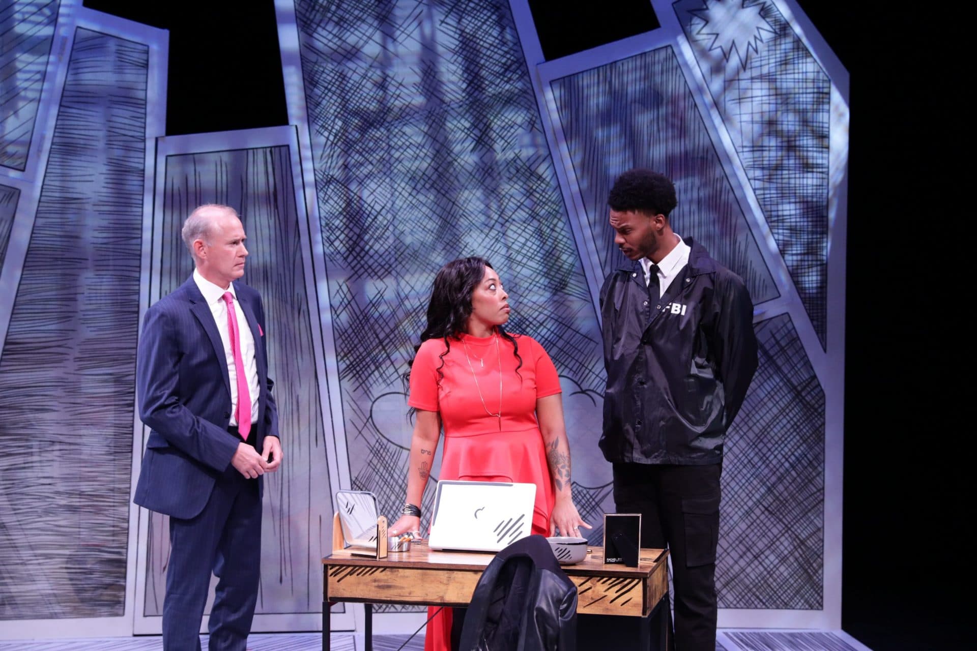 Barlow Adamson, Lyndsay Allyn Cox and Sharmarke Yusuf in the Lyric Stage Company of Boston's production of &quot;Fabulation or, The Re-Education of Undine.&quot; (Courtesy Mark S. Howard)