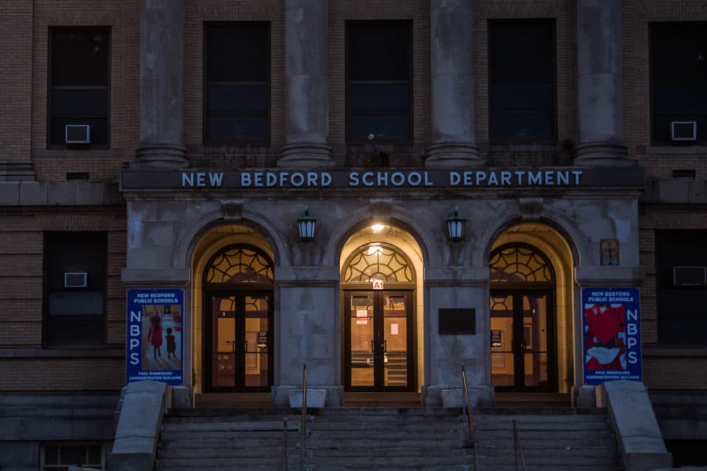 The administrative headquarters for the New Bedford public school system. The building formerly housed the district high school. (Gretchen Ertl/The Public’s Radio)