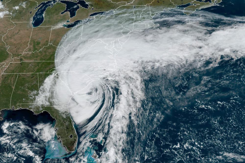 This GOES-16 satellite image taken at 1:01 p.m. EDT and provided by NOAA shows Hurricane Ian over the South Carolina coast, Friday, Sept. 30, 2022. (NOAA via AP)