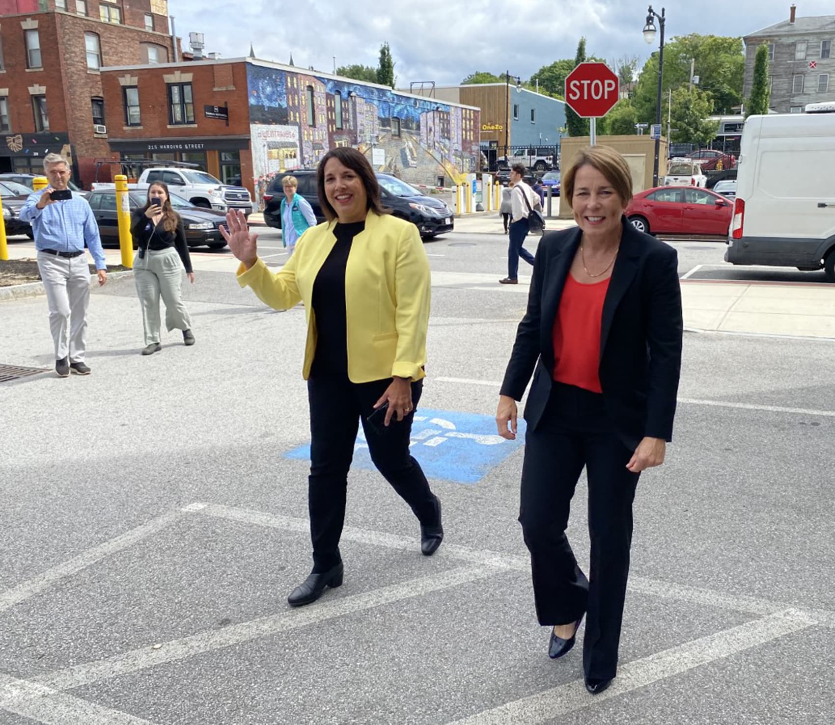 Kim Driscoll, left, and Maura Healey, right, appear at their first campaign event as running mates in Worcester the day after their state primary victories. (Anthony Brooks/WBUR)