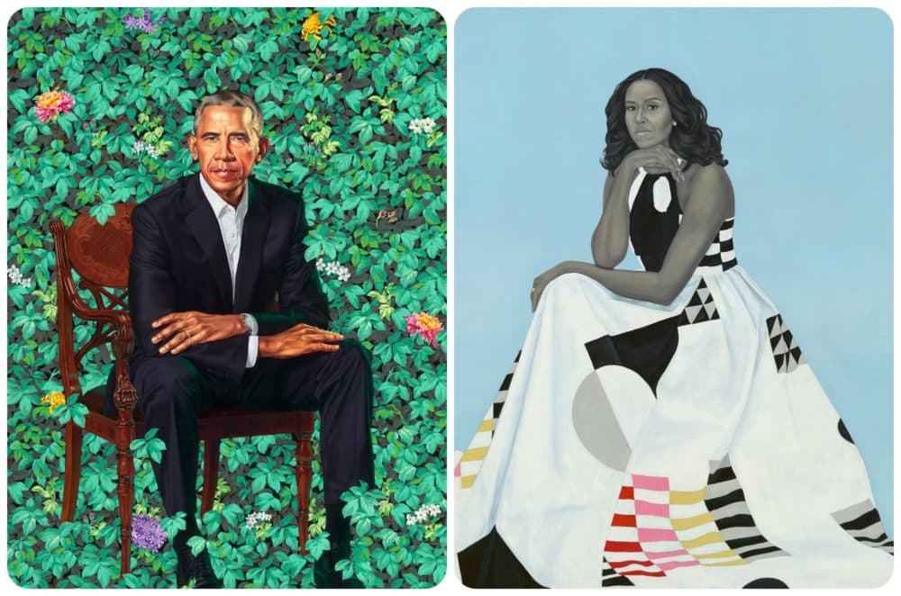 The portrait of Barack Obama by Kehinde Wiley, left, and the portrait of Michelle Obama by Amy Sherald. Both portraits are part of the Smithsonian's National Portrait Gallery. (Courtesy Museum of Fine Arts, Boston)