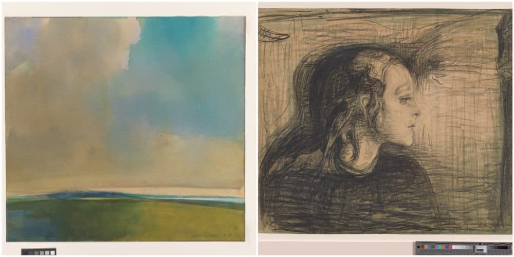 On the left, Thomas Sgouros' "Remembered Landscape," watercolor on paper, August 14, 1996. And on the right, Edvard Munch's "The Sick Girl," colored lithograph on paper, circa 1896. Both works are featured in the exhibit "Variance: Making, Unmaking, and Remaking Disability, on view at the RISD Museum January 29, 2022 through October 9, 2022. (Courtesy Museum of Art, Rhode Island School of Design)