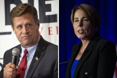 Candidates for Governor Geoff Diehl and Maura Healey. (Robin Lubbock and Jesse Costa/WBUR)