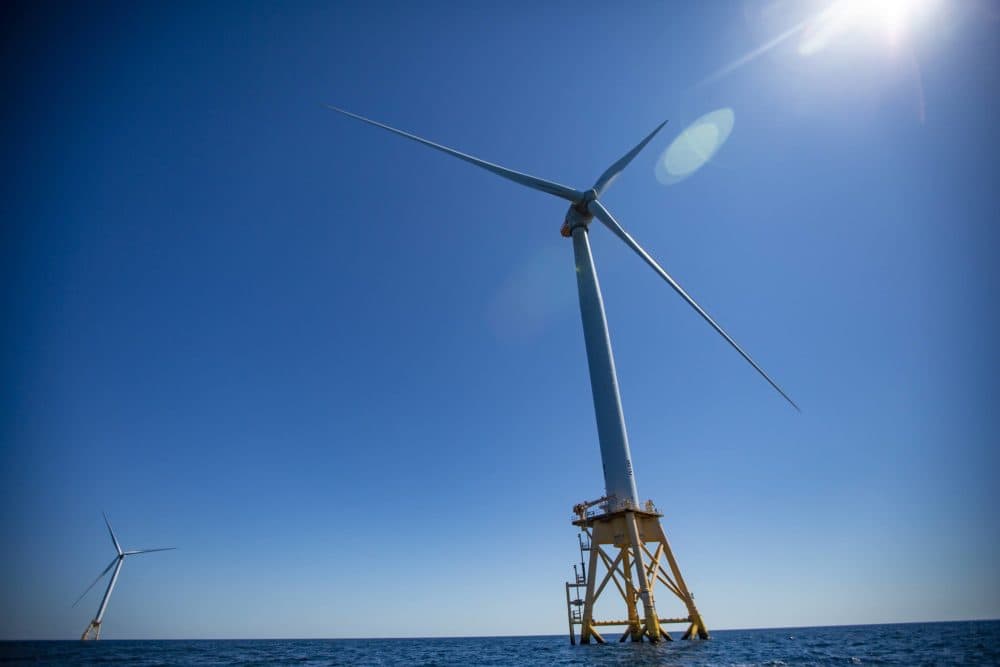 Two turbines of the Block Island Wind Farm off the coast of Rhode Island. (Jesse Costa/WBUR)