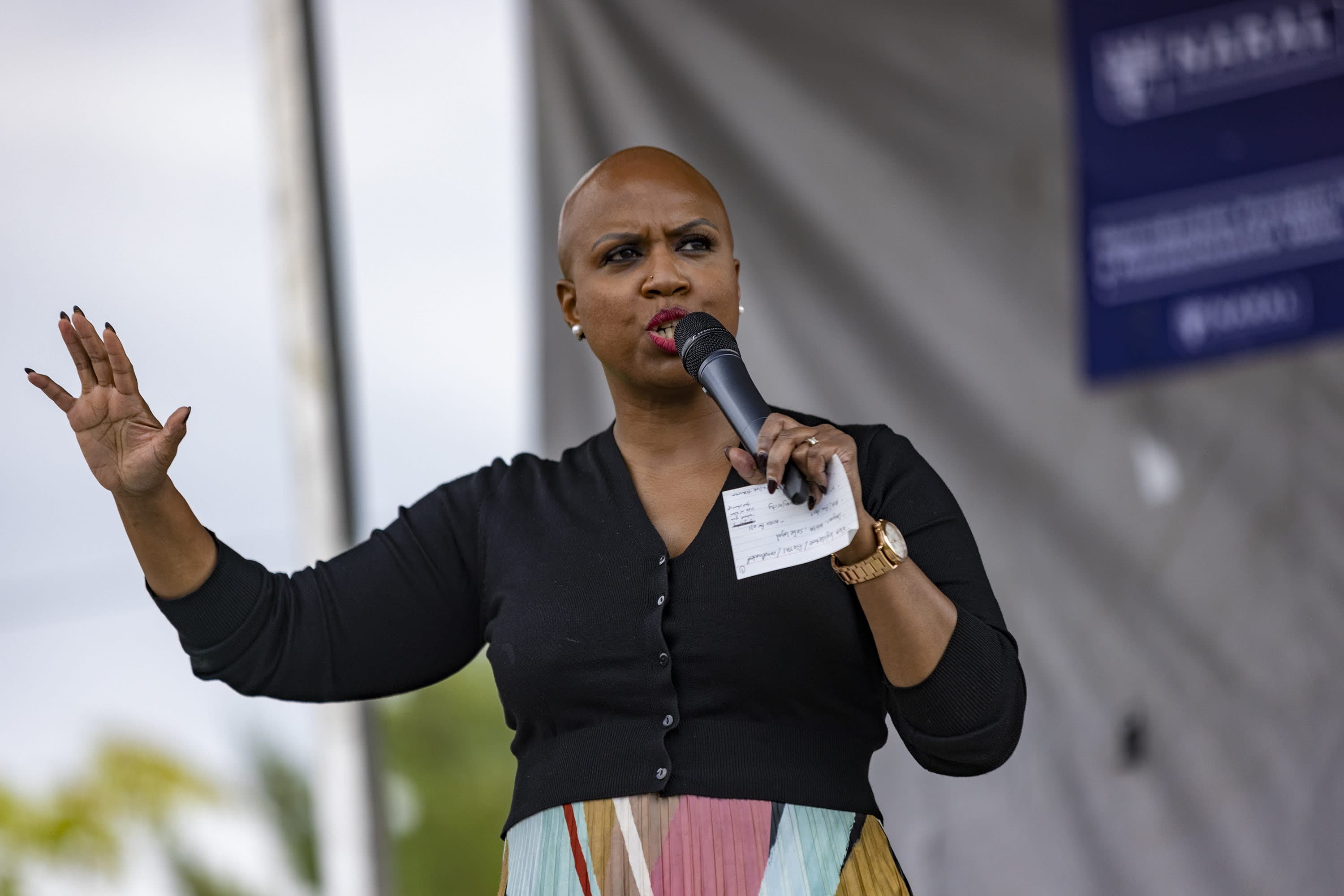 In this 2021 photo, U.S. Congresswoman Ayanna Pressley speaks at Franklin Park. (Jesse Costa/WBUR)