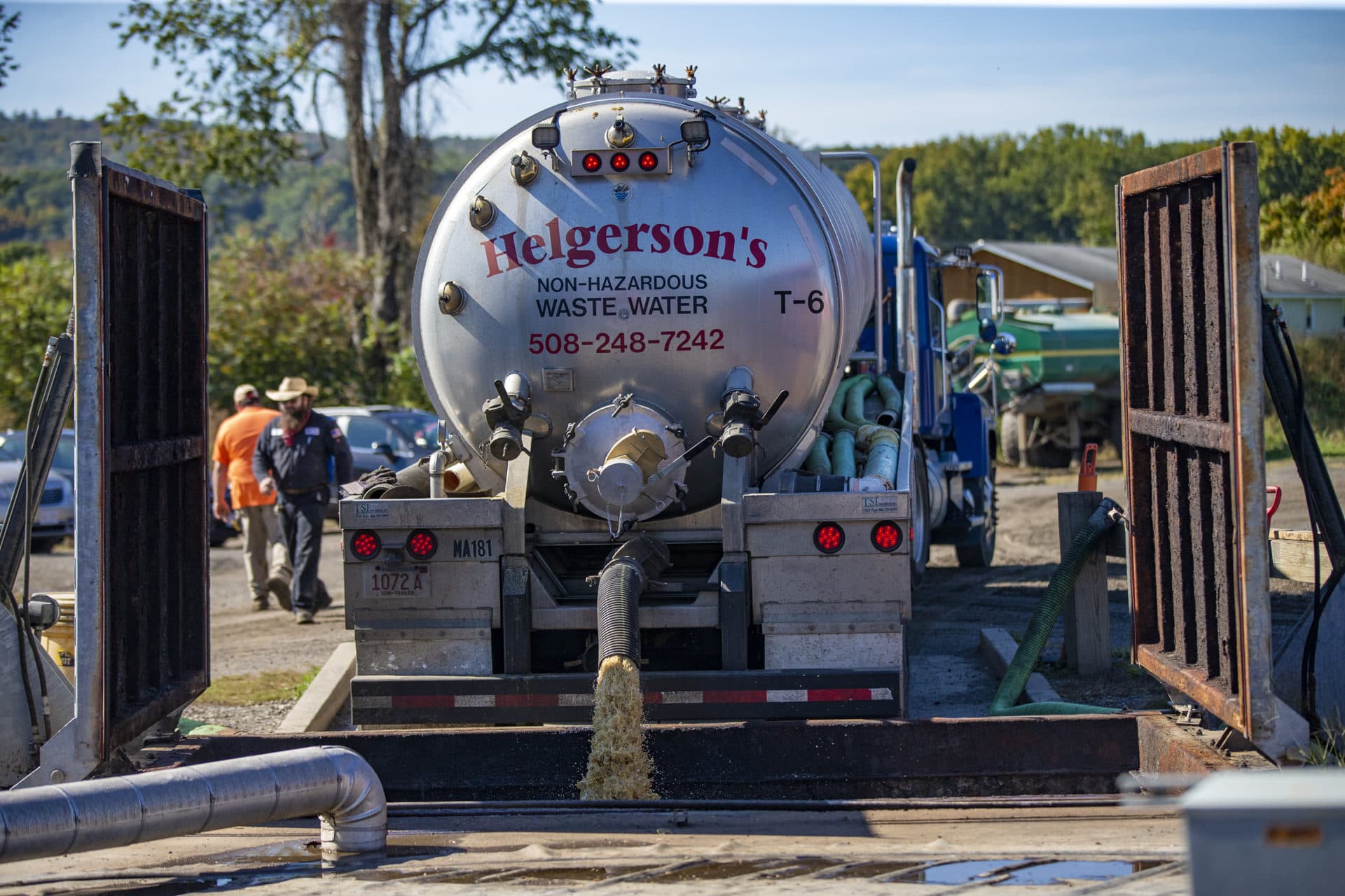 An 80,000 gallon load of distillery waste from the Tree House Brewery in Charlton being pumped into the anaerobic digester at the Bar-Way Farm in Deerfield. (Jesse Costa/WBUR)