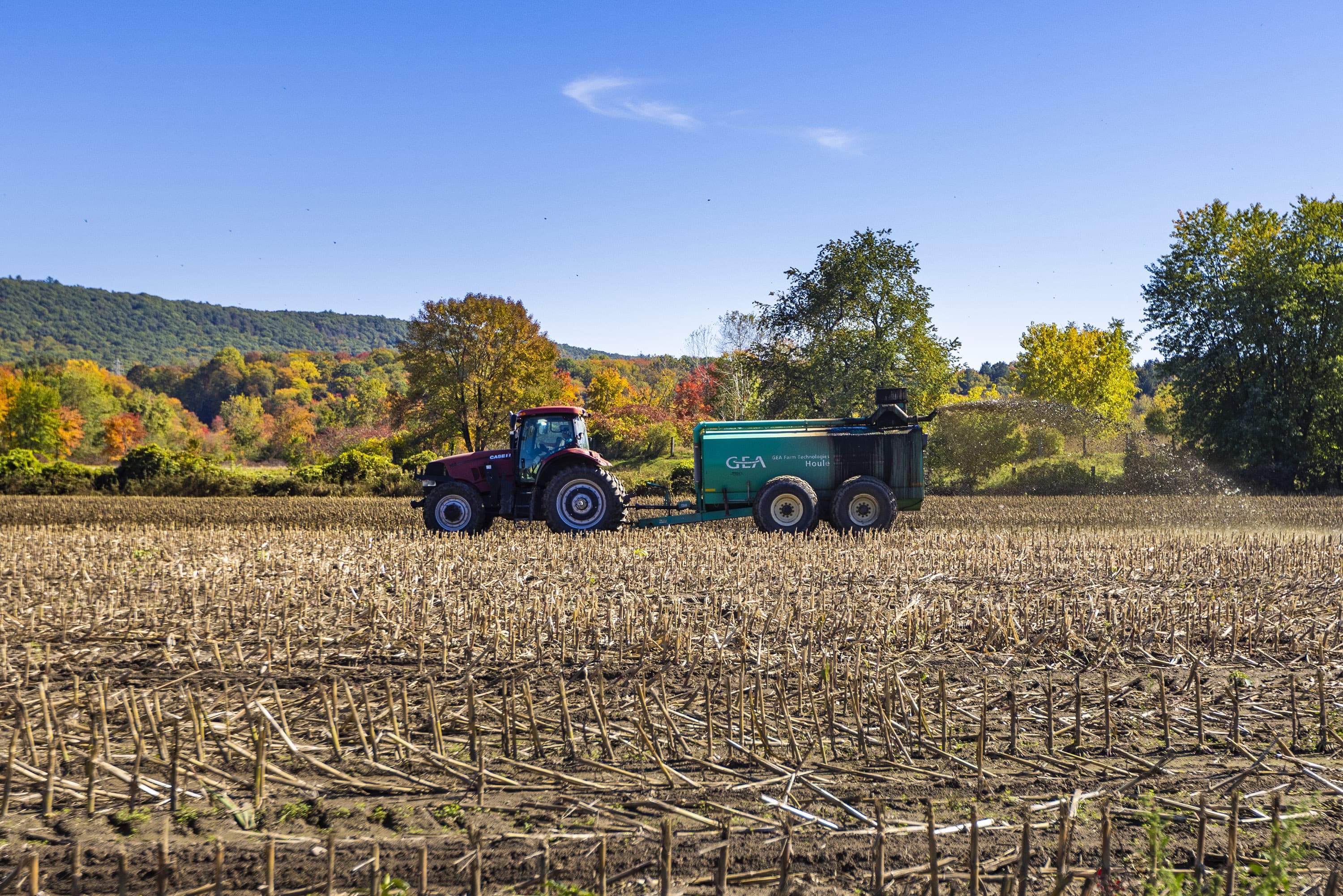 Fertilizer produced by the anaerobic digester is applied to crops at the Bar-Way Farm in Deerfield. (Jesse Costa/WBUR)