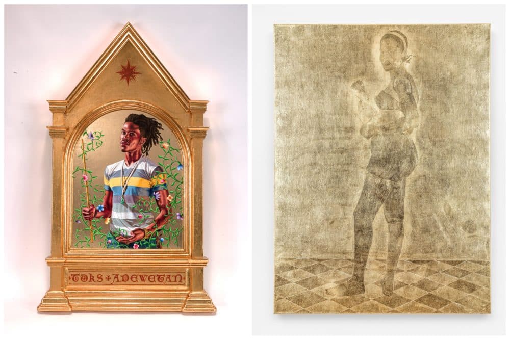Left: Stacy Lynn Waddell, &quot;YOUNG WOMAN HOLDING A FLOWER (for M. S.),&quot; 2022. (Courtesy of CANDICE MADEY, New York and the artist) Right: Kehinde Wiley, &quot;The Archangel Gabriel, 2014. (Courtesy of Sean Kelly, New York)